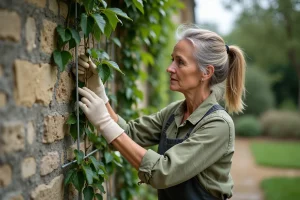Femme qui accroche des tiges de jasmin grimpant sur un mur en pierre extérieur avec un système de fils tendus