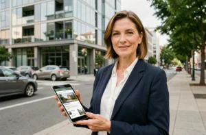 Agente immobilière professionnelle devant un immeuble moderne en verre tenant une tablette avec des annonces immobilières