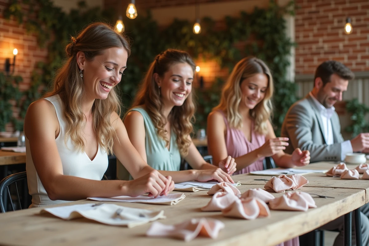 Amis préparant des cadeaux de mariage autour d une table