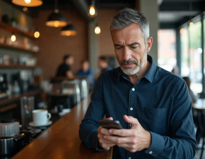 Homme consultant son smartphone Android dans un café pour trouver une alternative au Google Play Store