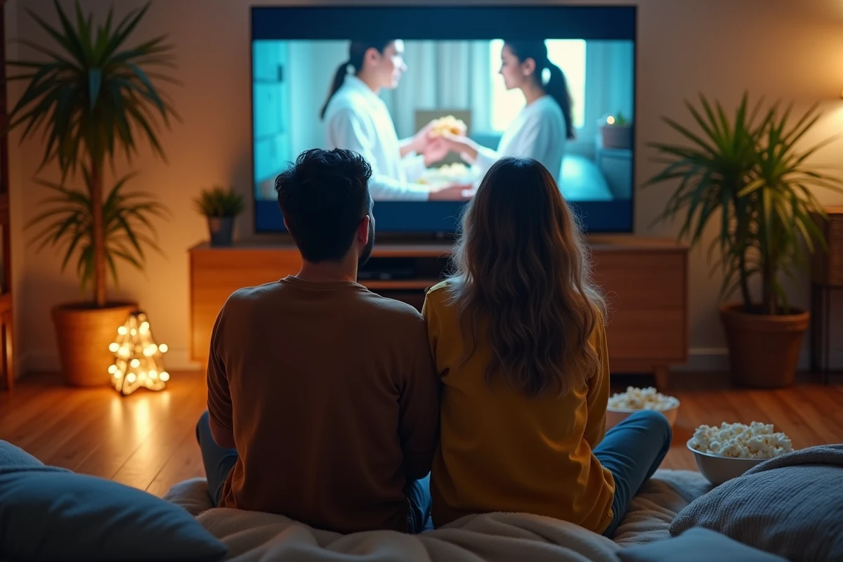 Deux amis regardant un film sur la télévision dans un appartement