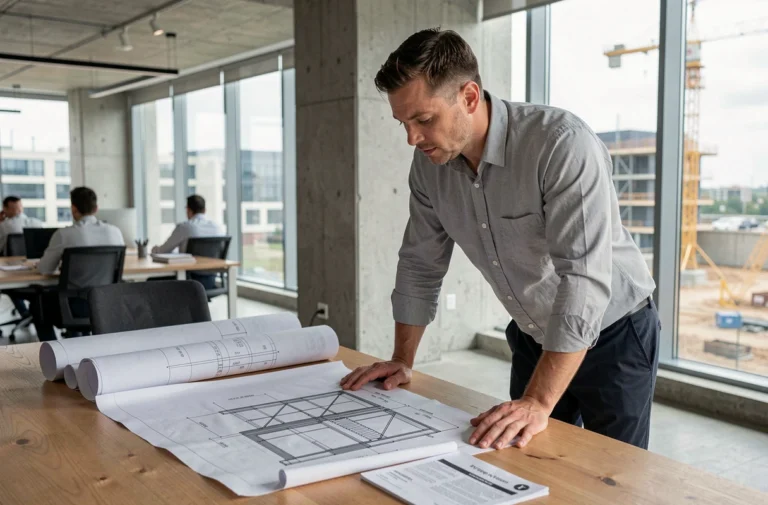 Architecte analysant des devis travaux pour une structure en acier dans un bureau moderne avec plans et documents imprimés