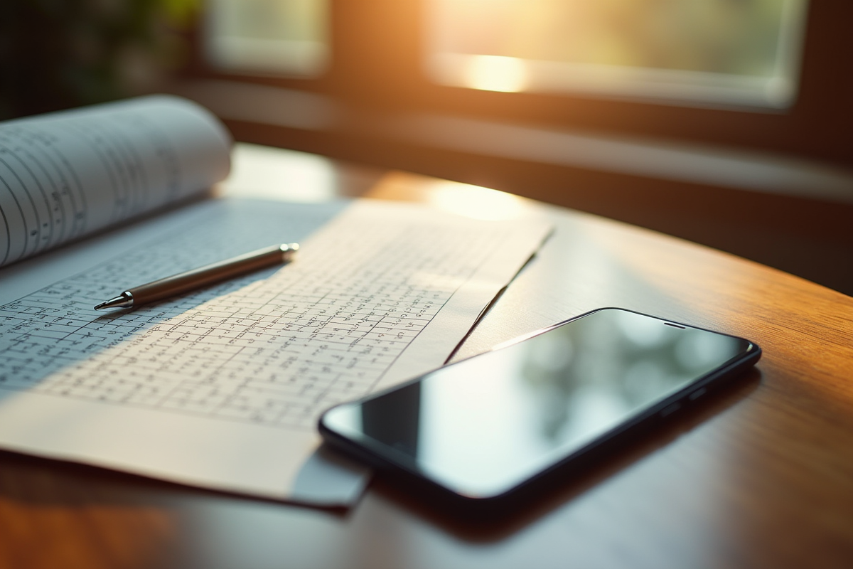 Cahier de mots croises avec smartphone affichant un jeu de mots