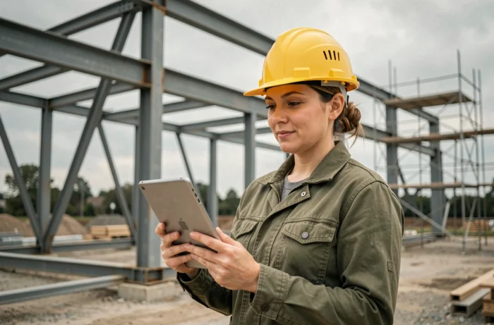Cheffe de projet consultant un devis travaux sur tablette devant une structure en acier sur chantier de construction