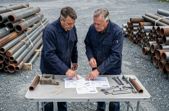 Deux professionnels du bâtiment comparant des offres de devis travaux acier sur un chantier avec matériaux métalliques