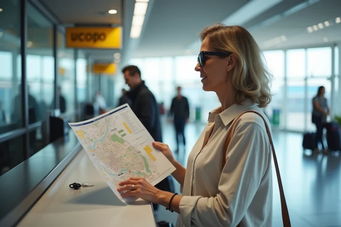 Femme consultant une carte de stationnement à un comptoir de location de voiture à l'aéroport de Palerme