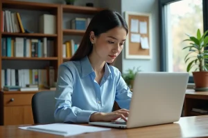Enseignante connectée à sa messagerie académique Paris sur un ordinateur portable dans un bureau universitaire