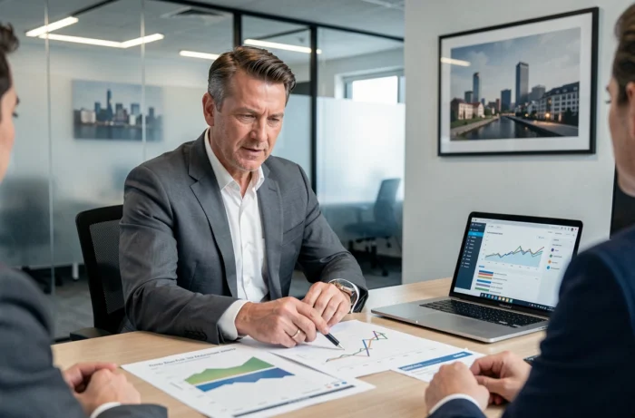 Conseiller immobilier masculin présentant des graphiques de tendances du marché immobilier dans un bureau moderne