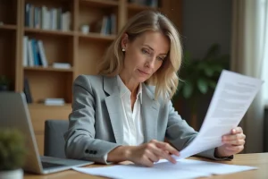 Femme consultant des documents officiels de propriété immobilière belge à son bureau