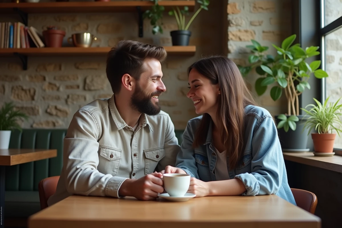 Couple partageant café dans un café rustique