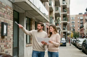 Couple de trentenaires examinant des documents devant un immeuble en zone tendue lors d'un projet de déménagement