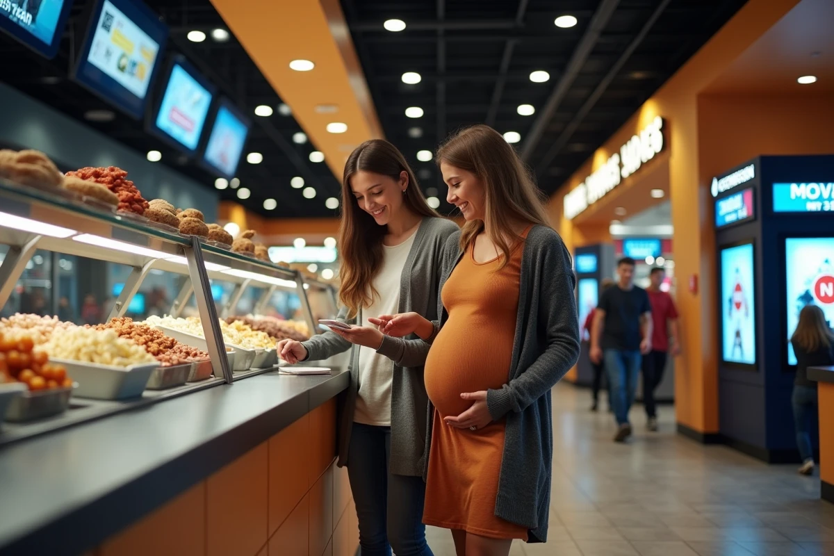 Couple enceinte choisissant des snacks au comptoir du cinéma