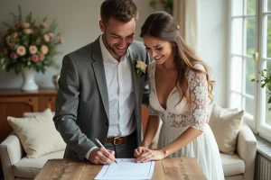 Jeune couple heureux préparant leur mariage dans un salon lumineux