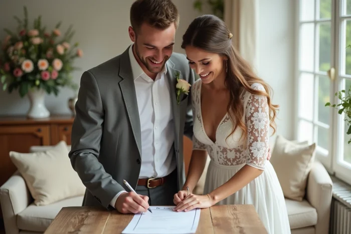 Jeune couple heureux préparant leur mariage dans un salon lumineux