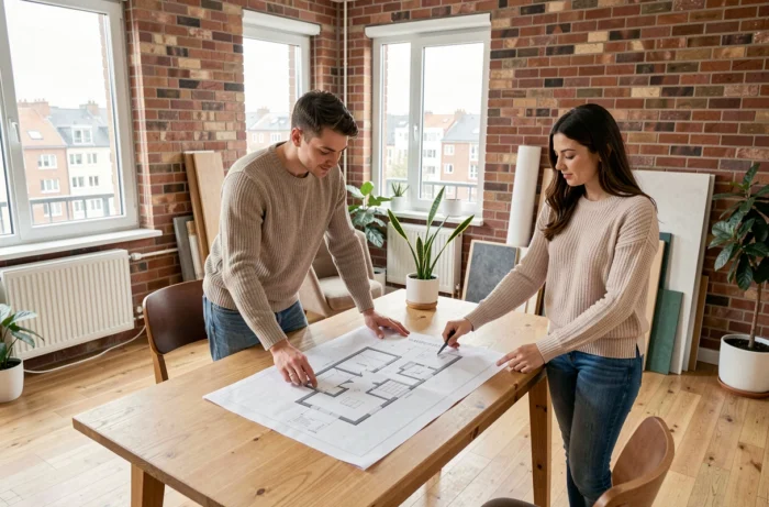 Jeune couple examinant des plans d'appartement dans un logement rénové avec murs en briques apparentes