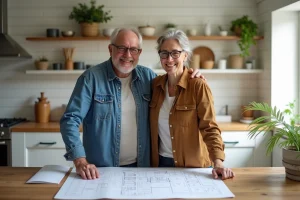 Couple souriant dans une cuisine moderne en rénovation