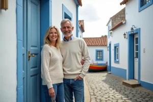 Couple souriant devant maison de pêcheur rénovée en Portugal