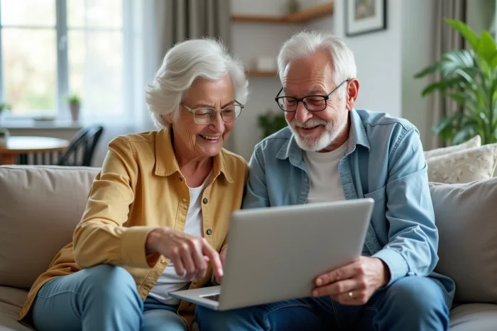 Couple de seniors découvrant ensemble des services utiles en ligne sur un ordinateur portable dans leur salon