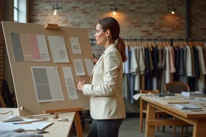 Créatrice de mode devant un mur d'inspirations avec des échantillons de tissu et des planches de collections saisonnières dans un atelier de design