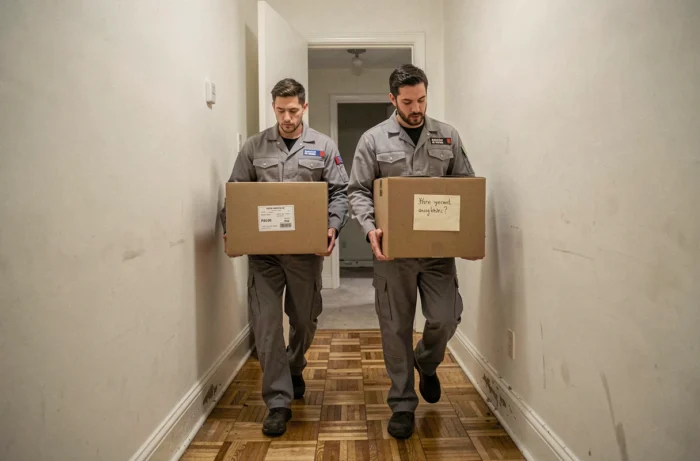 Déménageurs portant des cartons dans le couloir d'un appartement compact en ville lors d'un déménagement en zone tendue
