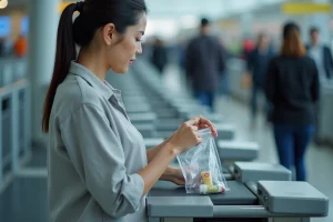 Femme posant un sac transparent avec un tube de dentifrice de voyage sur le tapis de sécurité d'un aéroport