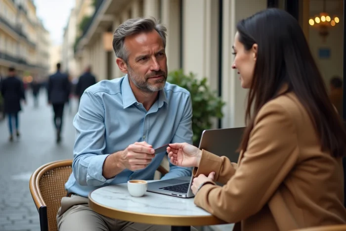 Un professionnel échangeant des cartes de visite en terrasse de café lors d'une rencontre informelle de réseau