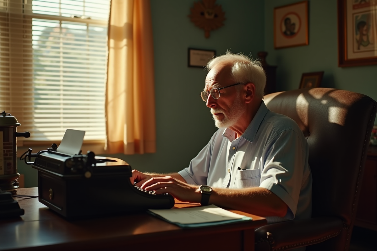 Ecrivain hollywoodien age seul dans un bureau vintage lumineux