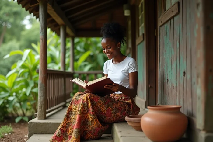 Jeune femme africaine feuilletant un album photo sur les marches d'une maison ancestrale dans un village tropical