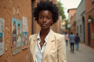 Portrait éditorial d'une jeune actrice africaine devant un mur de pierre texturé dans un quartier culturel urbain