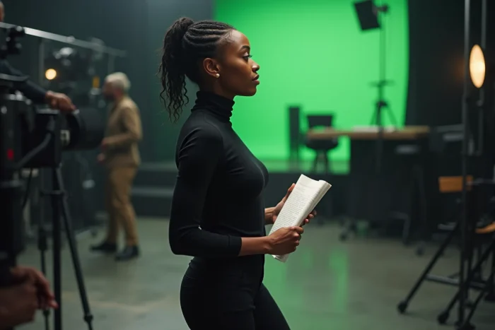 Actrice africaine en coulisses d'un tournage professionnel tenant un script, regard tourné vers le réalisateur