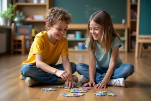 Deux enfants rient en assemblant un puzzle dans une salle de classe