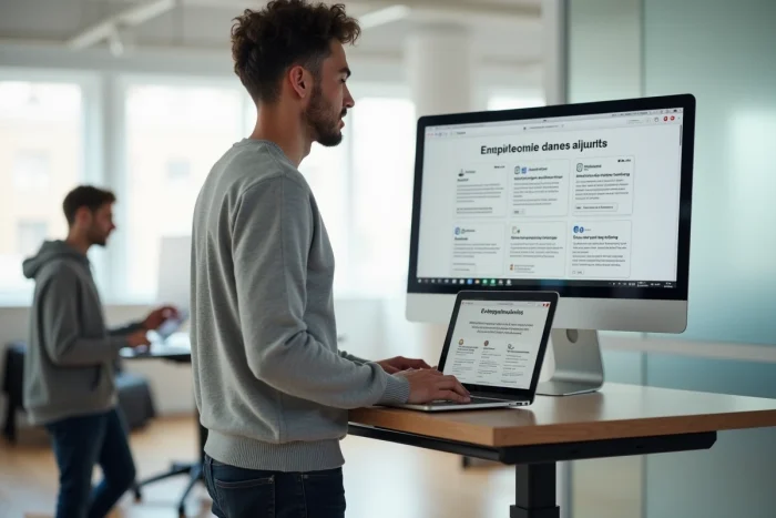 Jeune entrepreneur debout explorant la structure d'un site entrepreneurial sur un laptop dans un open space moderne