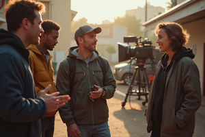 Equipe de tournage diverse en coulisses sur un plateau de cinéma