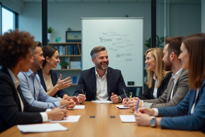 Groupe d'employes en reunion dans un bureau moderne