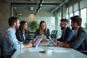 Groupe de professionnels en réunion dans un bureau moderne