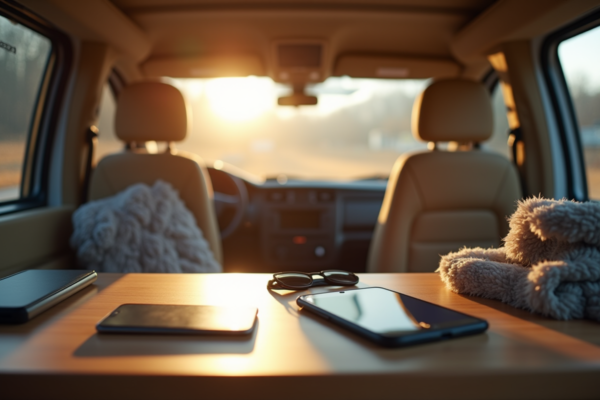 Espace de travail minimaliste dans un van lumineux le matin