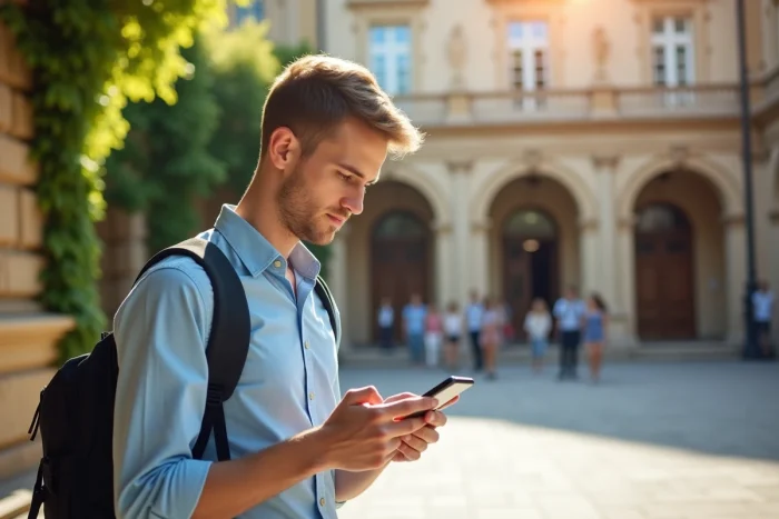 Étudiant consultant son mail AMU sur smartphone dans la cour d'un bâtiment universitaire d'Aix-Marseille