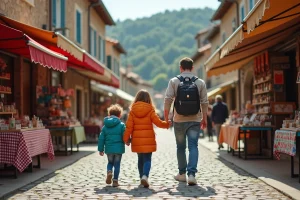 Famille avec enfants dans les rues de Dancharia en Espagne