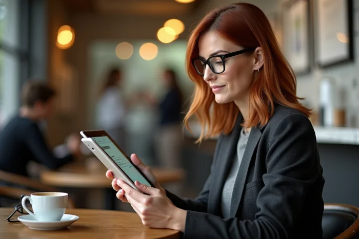 Femme d'affaires consultant la structure d'un site dédié à l'entrepreneuriat sur une tablette dans un café