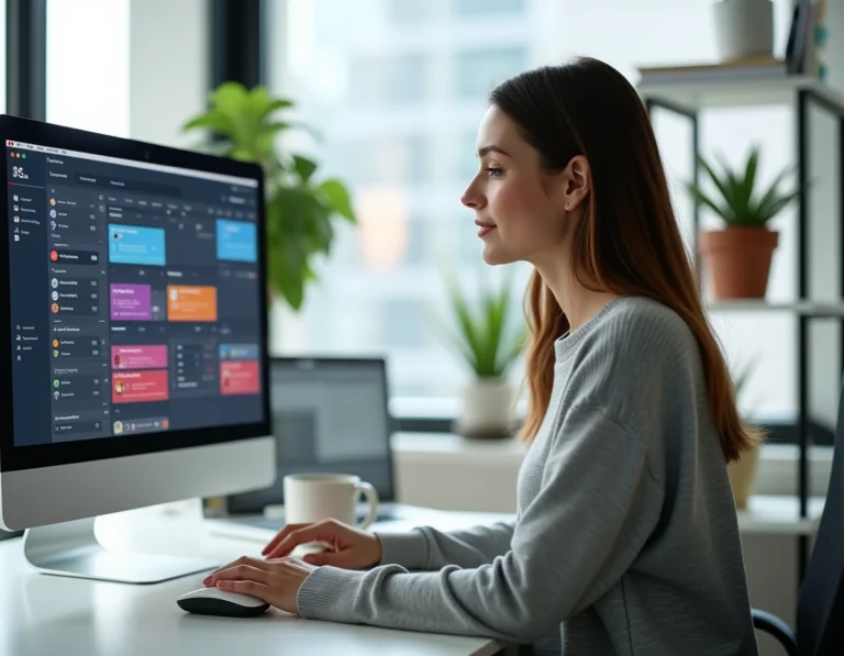 Femme qui automatise la publication de contenus sur les réseaux sociaux depuis son bureau à domicile