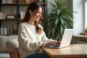 Jeune femme souriante en train de faire du shopping en ligne