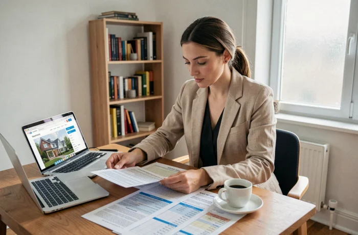 Femme comparant des annonces immobilières et un budget sur un bureau pour optimiser un déménagement en zone tendue