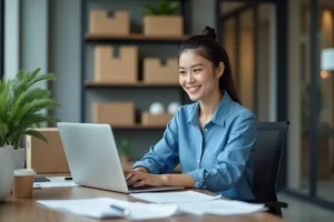 Femme professionnelle utilisant un portail d'expédition