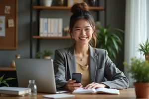 Femme souriante dans un bureau à domicile moderne