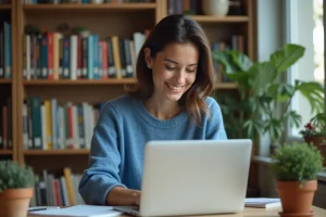 Jeune femme au bureau à domicile travaillant sur son ordinateur