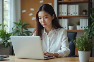 Jeune femme professionnelle travaillant sur son ordinateur dans un bureau moderne
