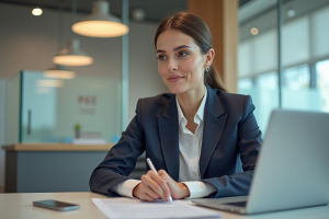 Femme en blazer dans un centre de service public moderne