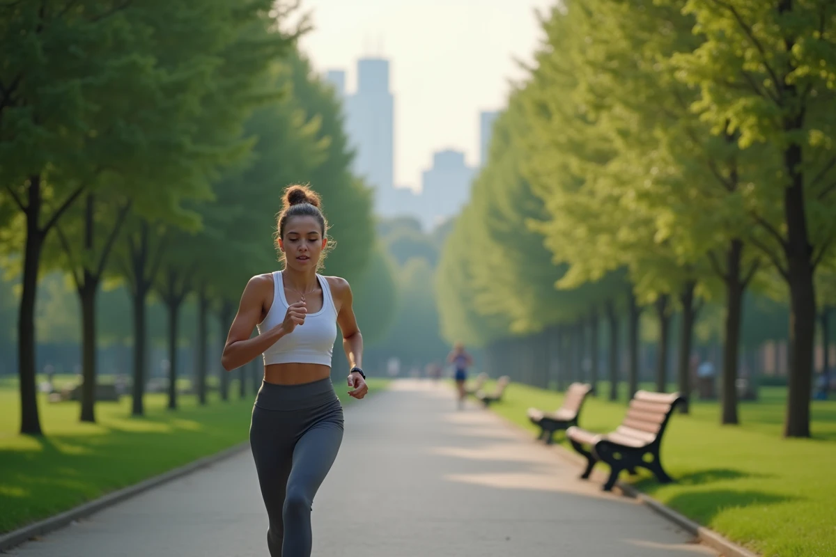 Jeune femme courant dans un parc urbain avec un tracker de fitness