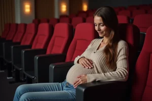 Femme enceinte assise dans un fauteuil de cinéma confortable