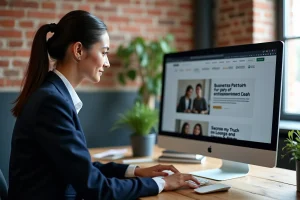 Femme entrepreneur explorant la structure d'un site web dédié à l'entrepreneuriat sur un écran d'ordinateur dans un bureau moderne